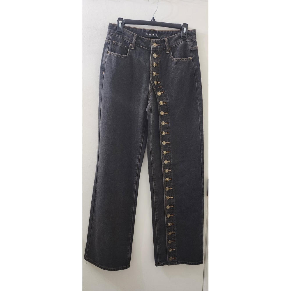 Lioness Womens XS Asymmetrical Button Fly Wide Leg Jeans Washed Black Denim